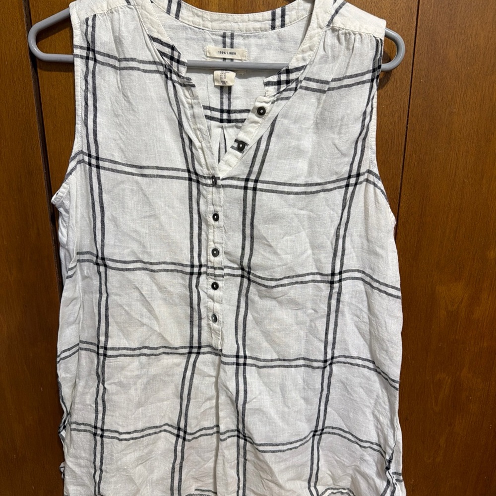 Christian Siriano White Sleeveless Plaid Henley Tank
